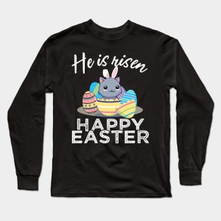Cute Cat Bunny Ears Easter Egg Hunt Risen Bible Long Sleeve T-Shirt